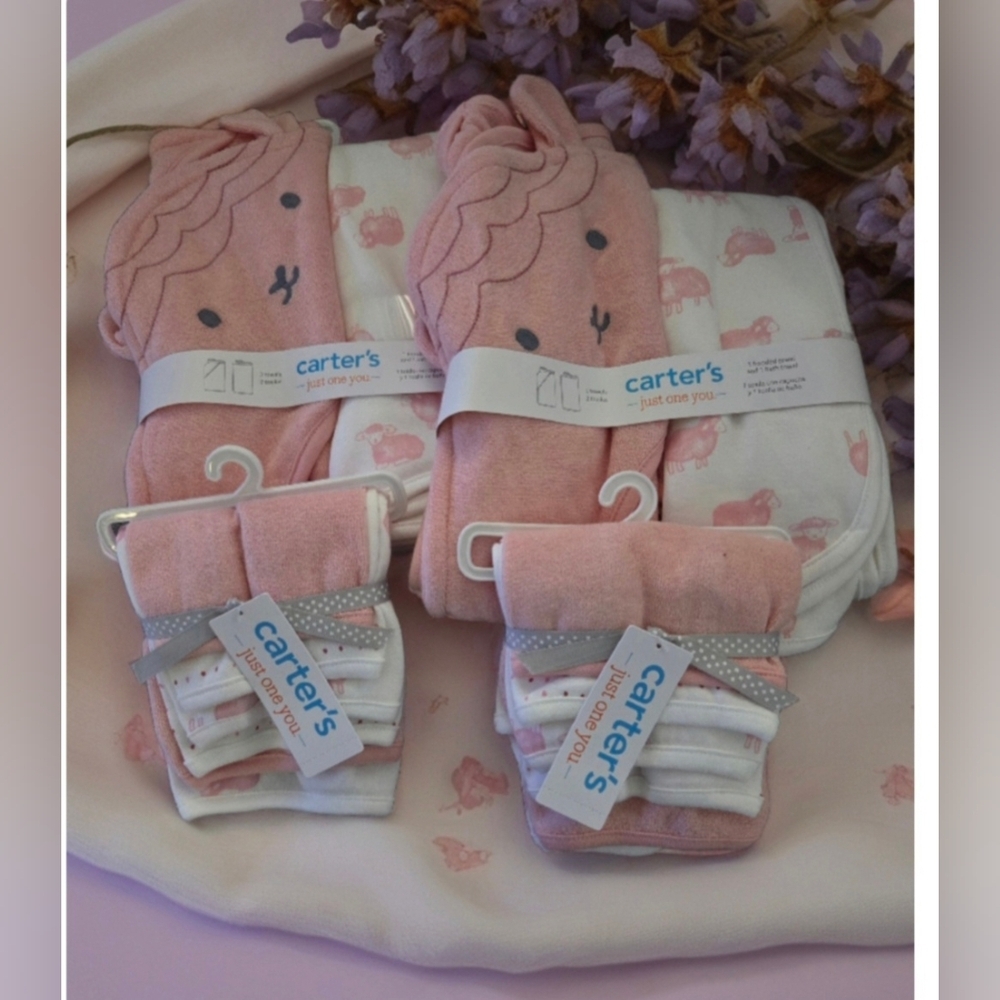 Carter's Just One You Baby Bath BUNDLE SET Lamb Print 4 Towels 12 Washcloths New